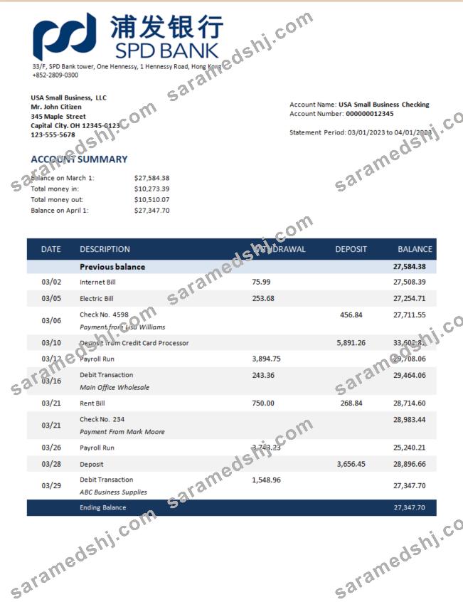 Shanghai  Pudong Development business bank statement Word and PDF template